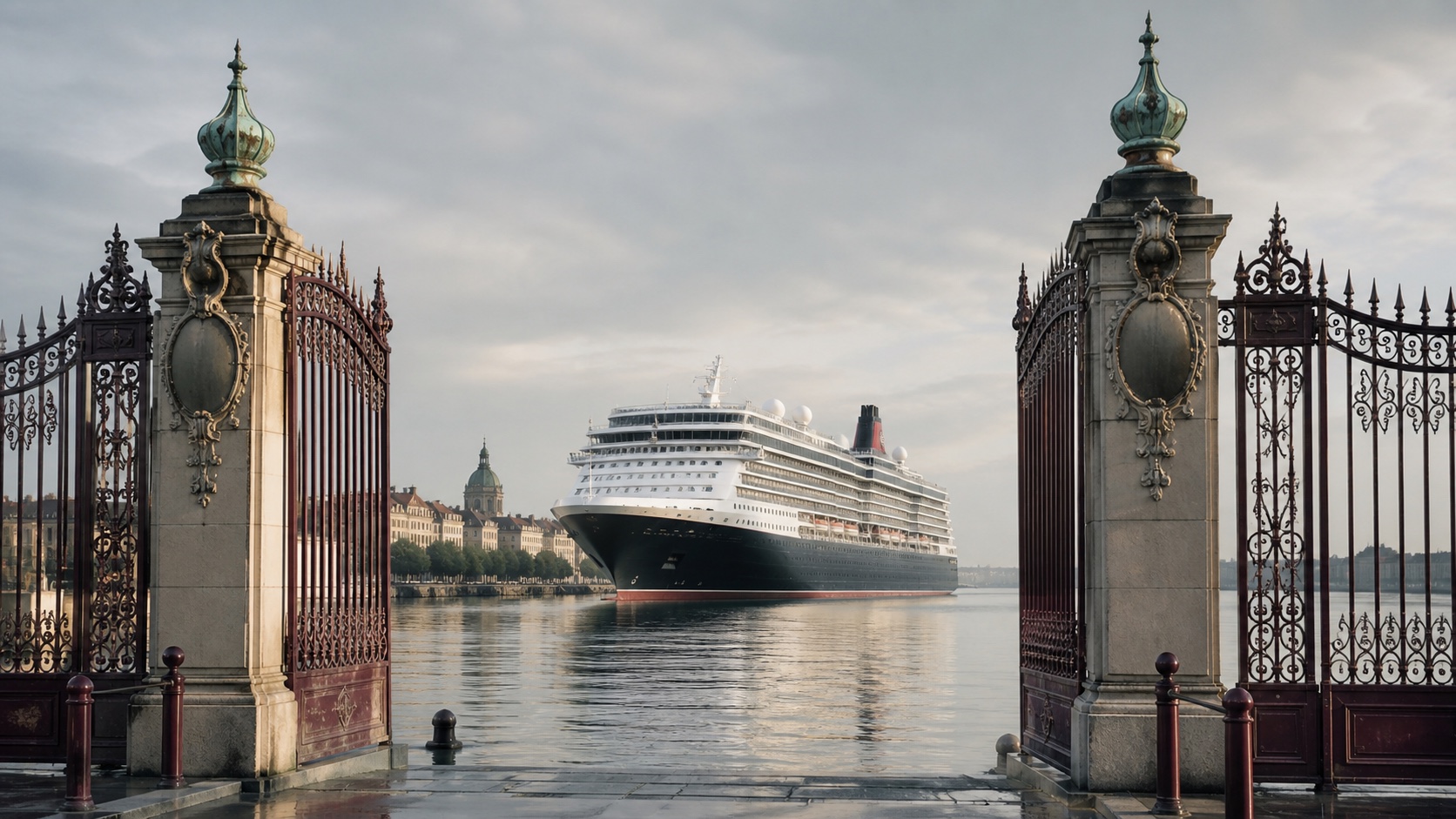 Cruise liner departing through historic European harbor gates